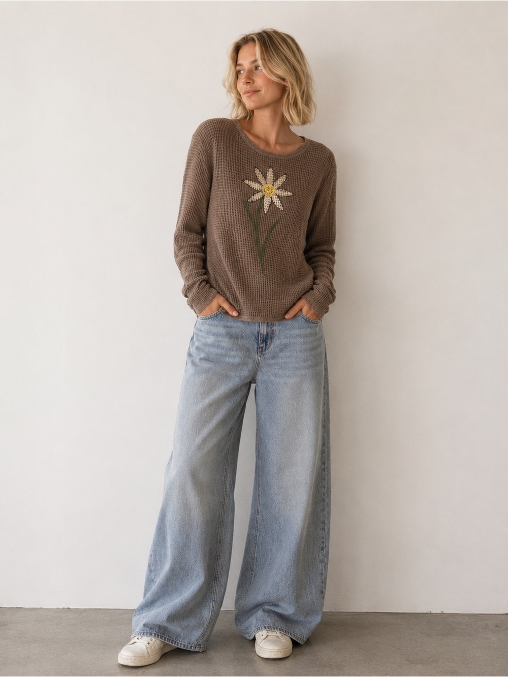 Focus Waffle Knit Daisy Top Vintage Y2K Boho Thermal S